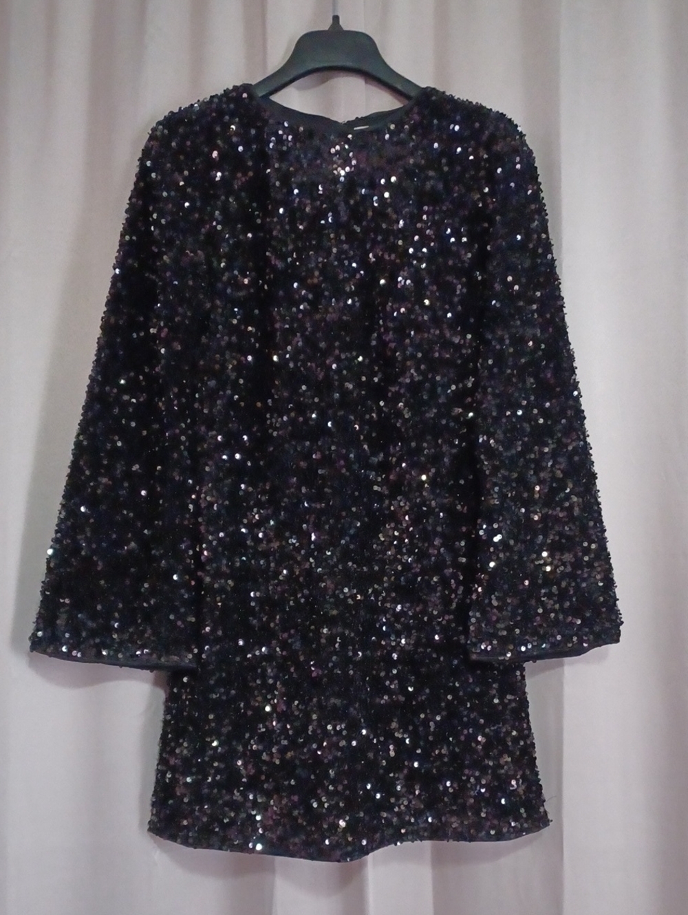 H&M Black Shimmering Sequin Long Flared Sleeve Mini Shift Dress Lined Size S
